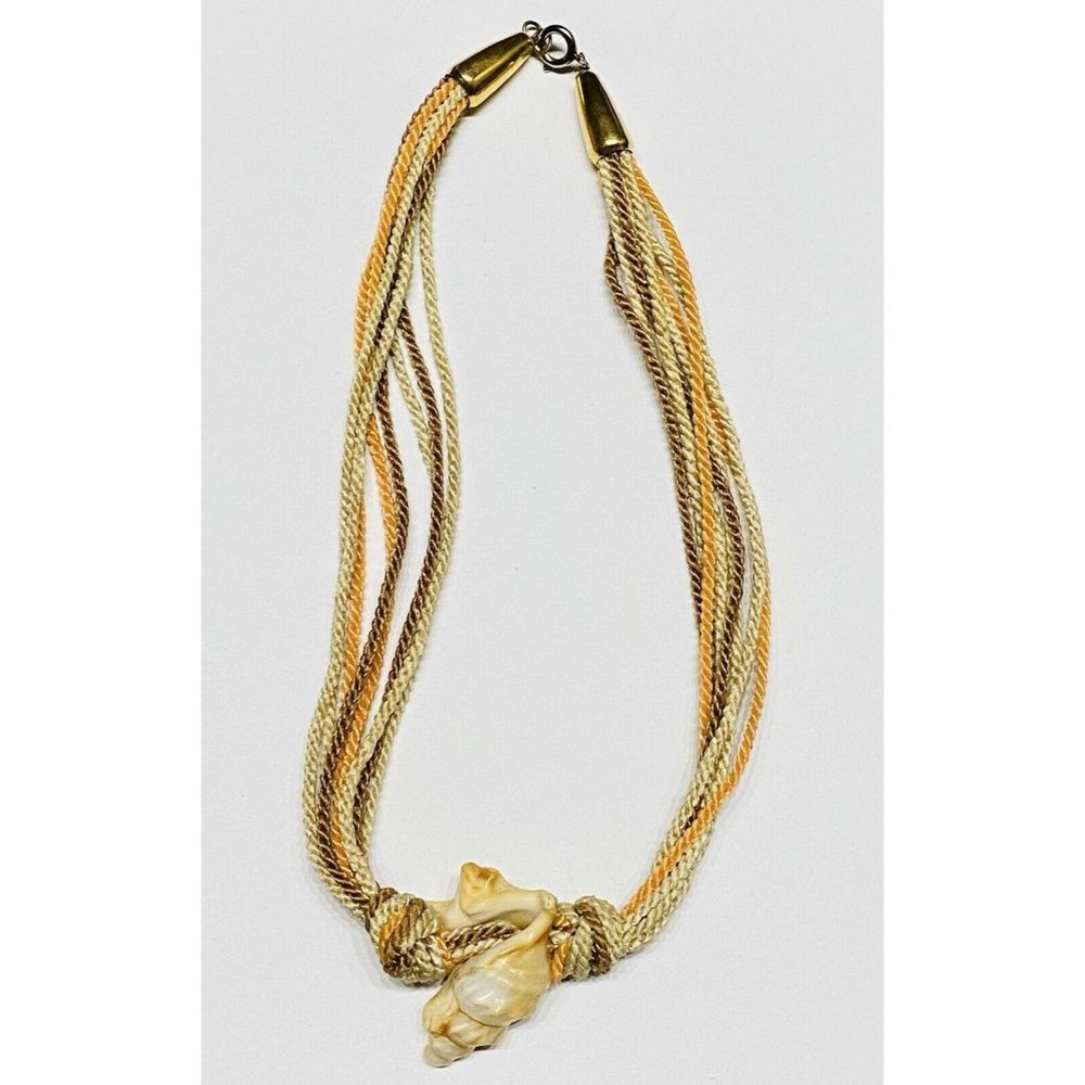 Vintage Real Seashell Rope String Necklace Beach Souvenir Ladies Gold 28” Nature